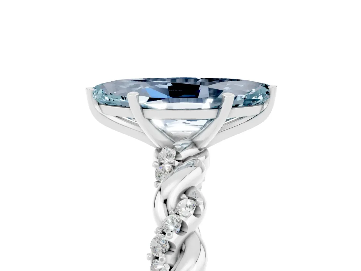 Marquise Cut Aquamarine Solitaire Ring with Twisted Band and Pavé Accents Platinum