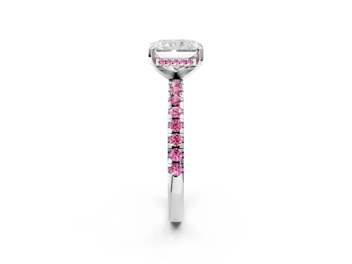 Radiant Cut Diamond Solitaire Ring with Round Pink Sapphire Pavé Band and Four-Prong Setting Platinum