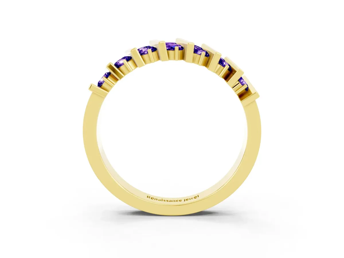 Channel Set Round Tanzanite Anniversary Band with Vertical Prongs Yellow gold