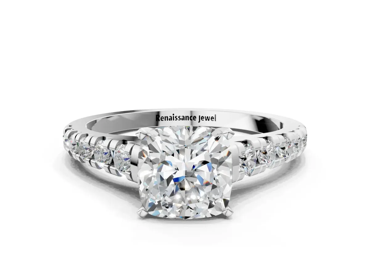 Cushion Cut Diamond Cathedral Solitaire Ring with Round Pavé Band White gold