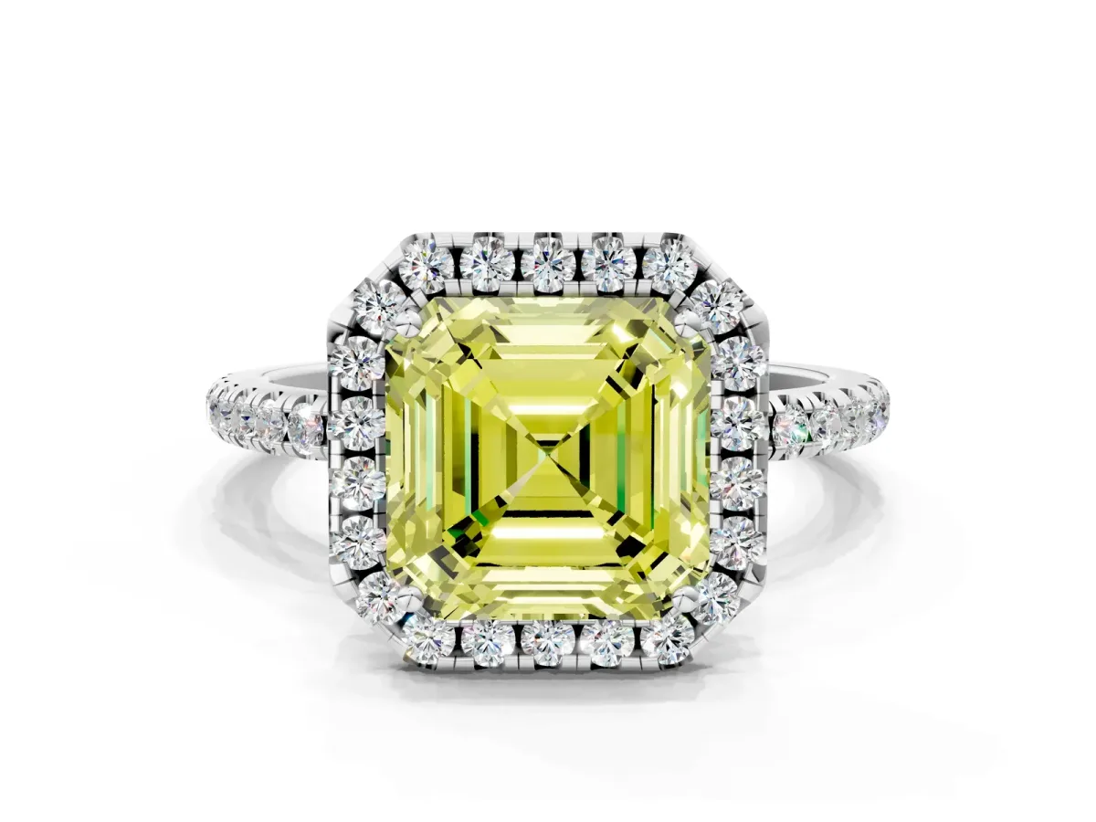 Fancy Yellow Asscher Cut Diamond Halo Engagement Ring with Round Pavé Band and Prong Setting Platinum