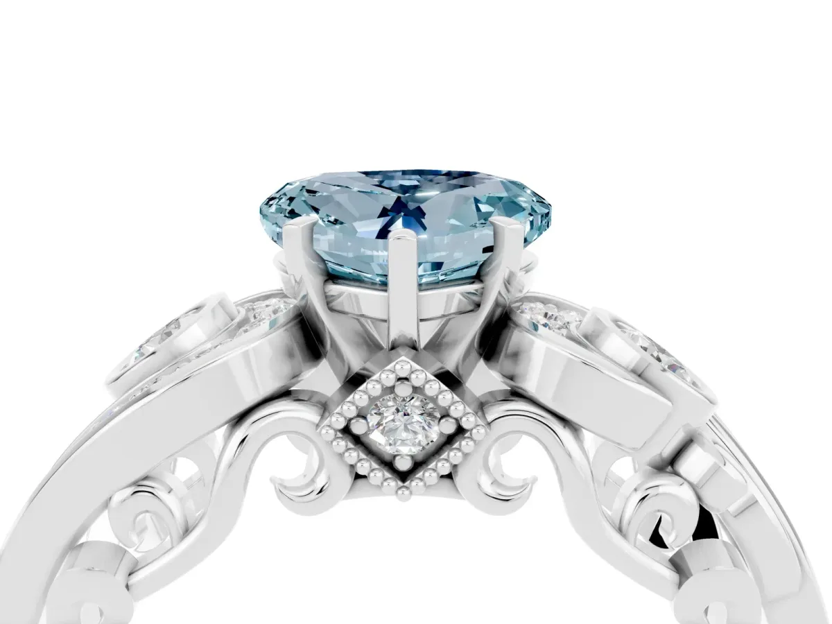 Heart Cut Aquamarine Solitaire Ring with Milgrain Pavé Band and Four-Prong Setting Platinum