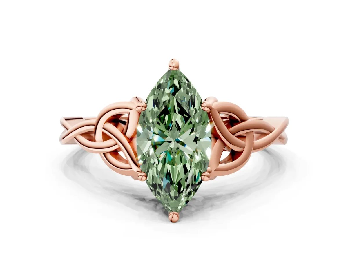 Fancy Green Marquise Cut Diamond Solitaire Engagement Ring with Celtic Knot Band and Four-Prong Setting Rose gold