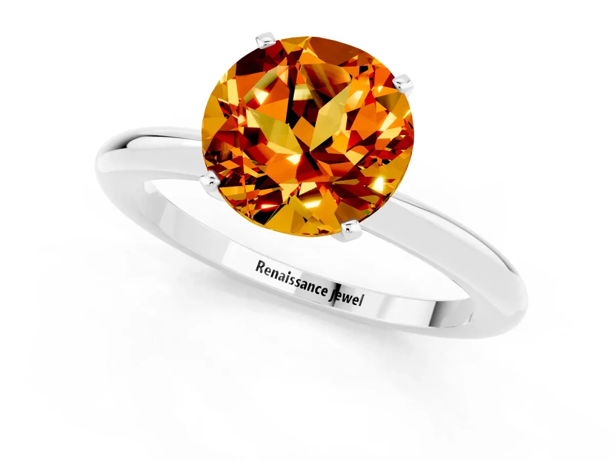 Round Cut Citrine Solitaire Ring with Six-Prong Setting and Classic Band Platinum