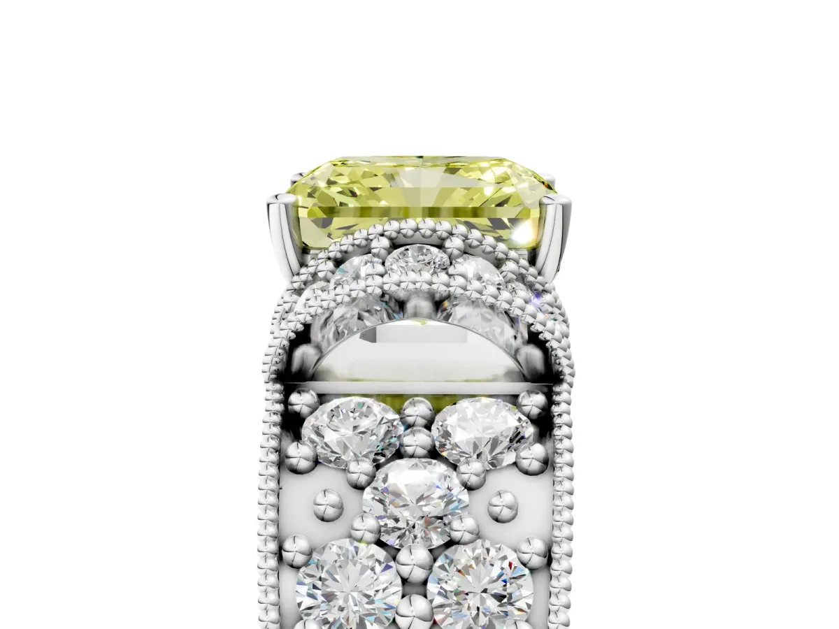 Fancy Yellow Radiant Cut Halo Pave Diamond Engagement Ring with Milgrain Detailing Platinum