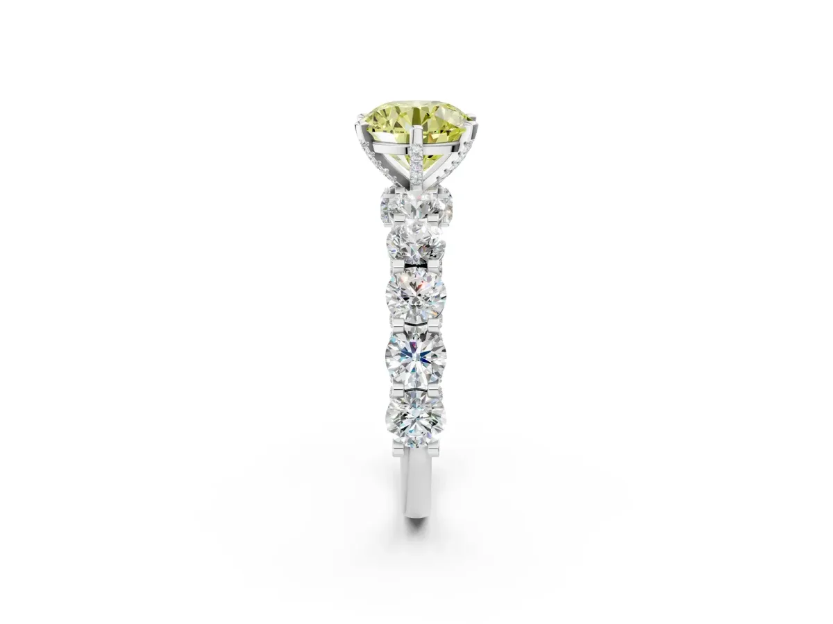 Fancy Yellow Round Cut Diamond Side Stone Engagement Ring with Four-Prong Setting Silver