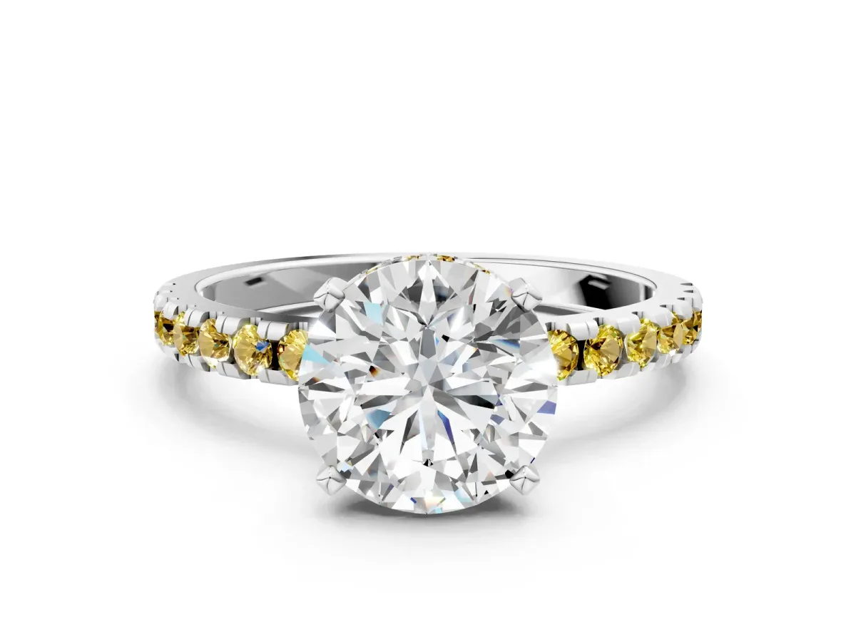 Round Cut Diamond Solitaire Ring with Round Yellow Sapphire Pavé Band and Four-Prong Setting White gold
