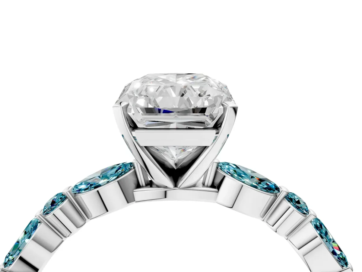 Radiant Cut Diamond Ring with Marquise and Round Blue Topaz Side Stones and Four-Prong Setting Platinum