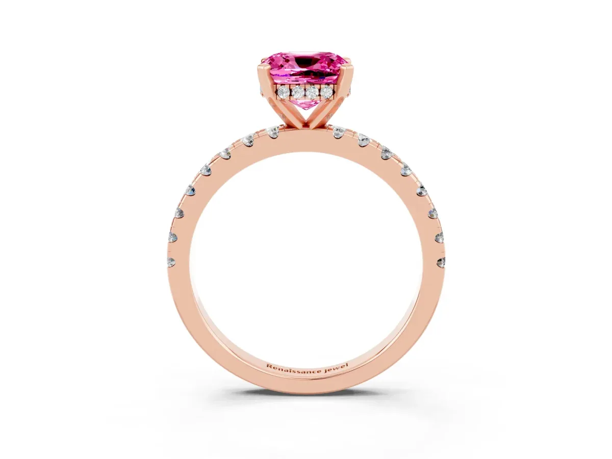 Cushion Cut Pink Sapphire Solitaire Ring with Round Pavé Band and Four-Prong Setting Rose gold