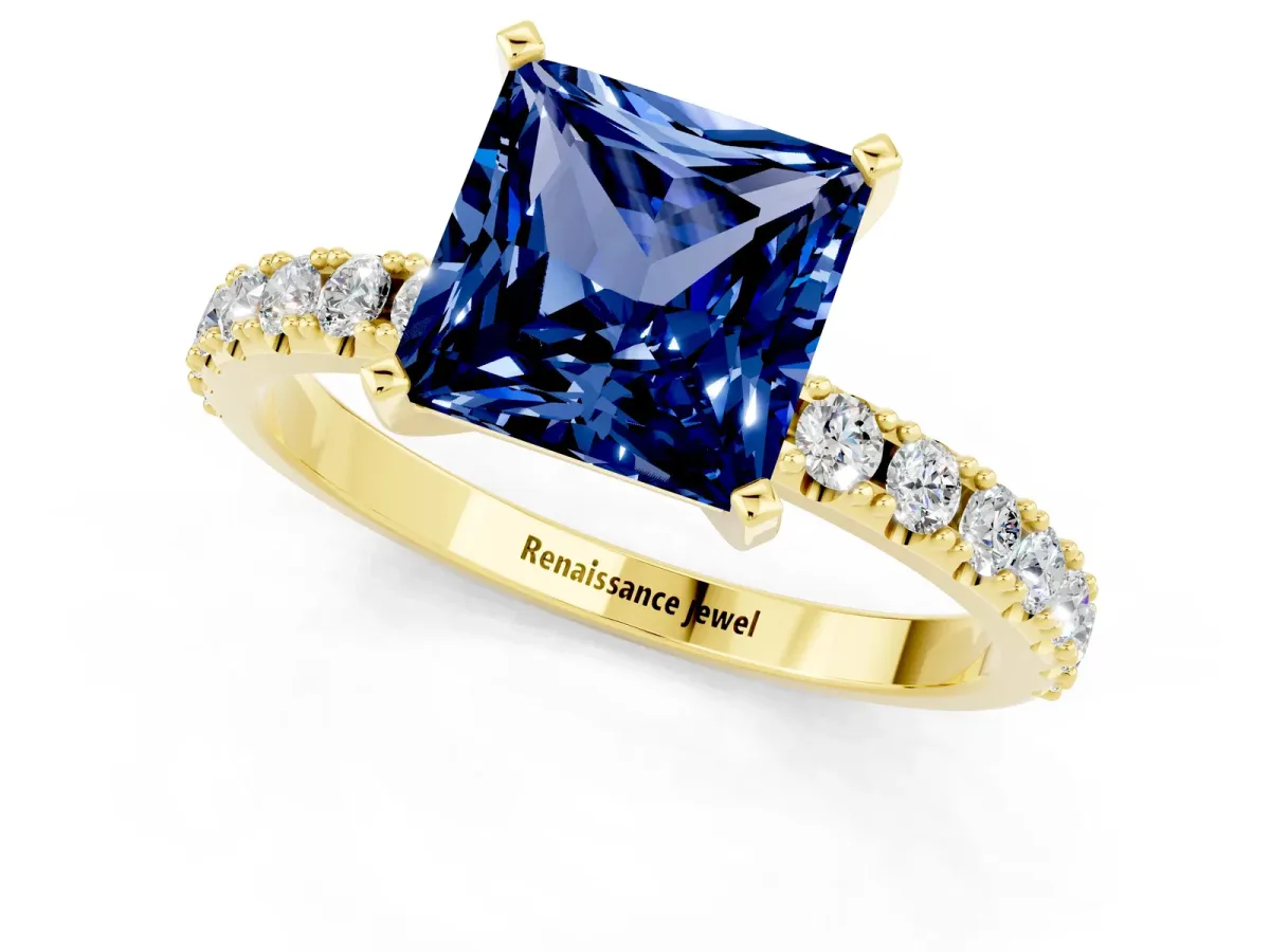 Princess Cut Blue Sapphire Solitaire Pavé Band with Four-Prong Setting Yellow gold