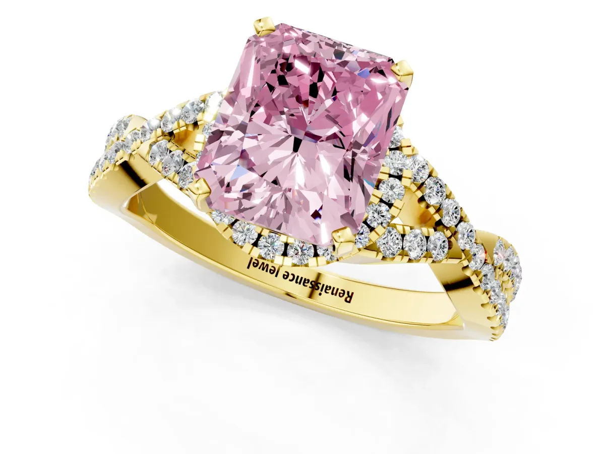Fancy Pink Radiant Cut Diamond Halo Twist Band Solitaire Prong Setting Ring Yellow gold