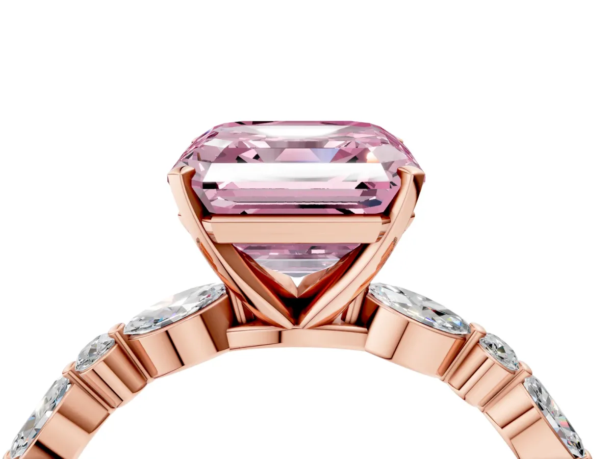 Fancy Pink Asscher Cut Diamond Ring with Marquise and Round Side Stones and Four-Prong Setting Rose gold