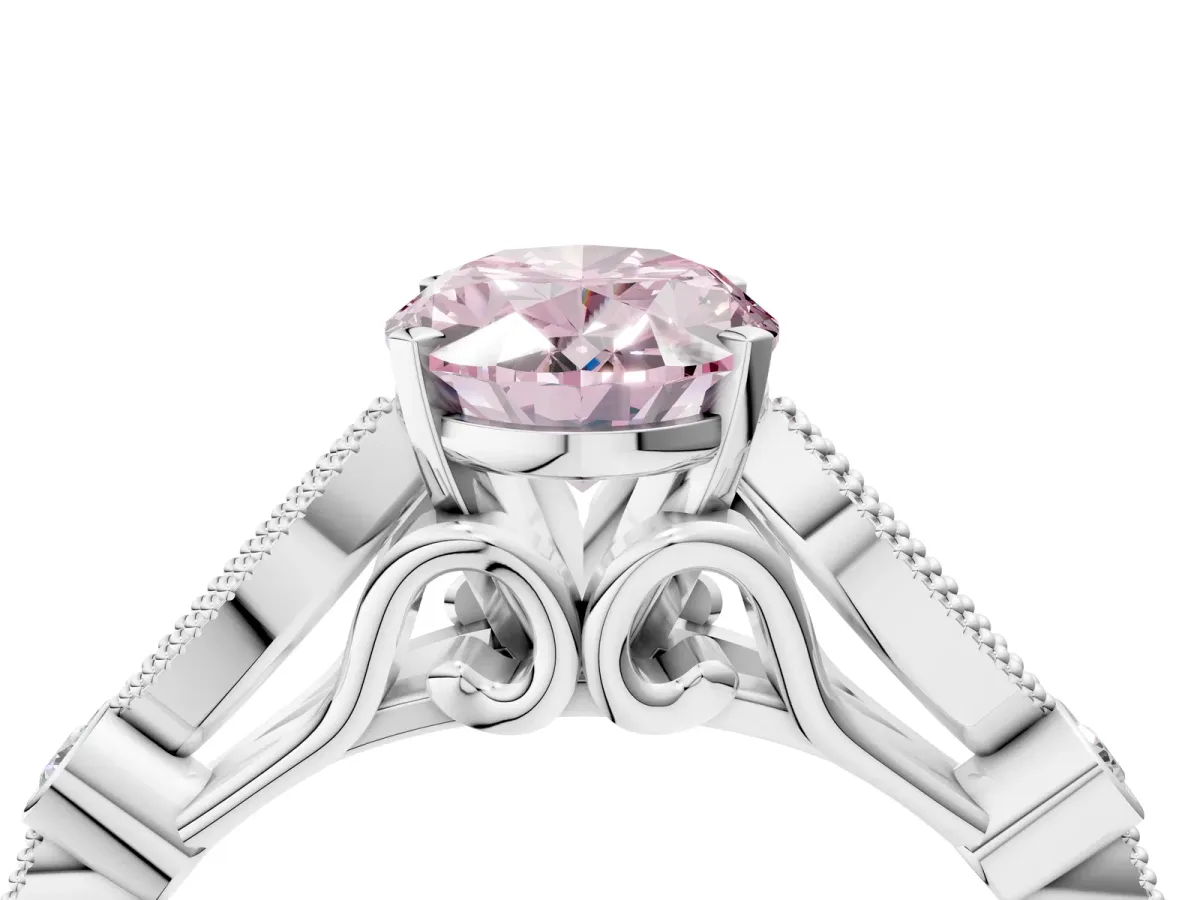 Fancy Pink Oval Cut Cut Diamond with Milgrain Marquise and Bezel Accents on a Solitaire Band with Prong Setting Silver