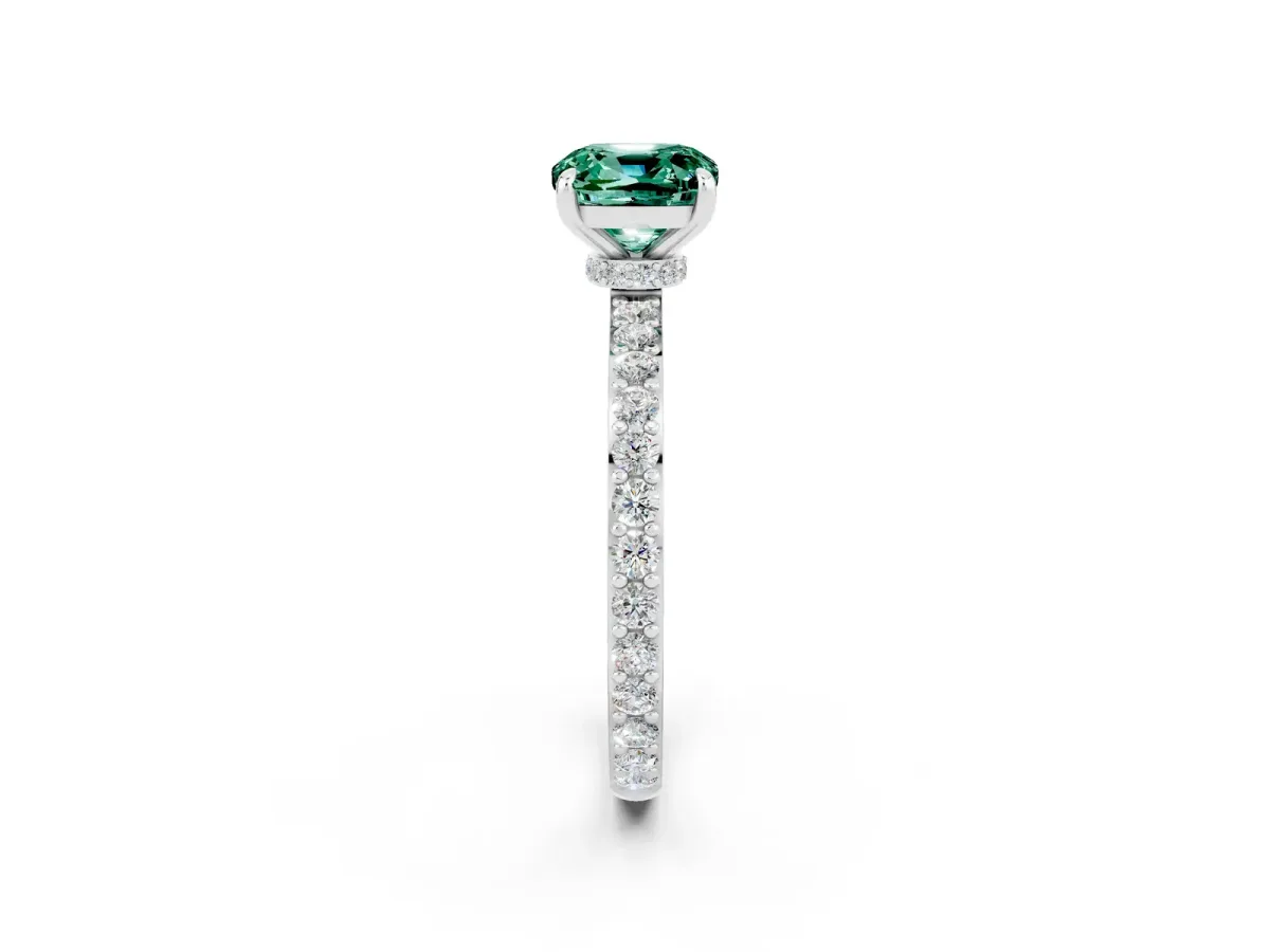 Cushion Cut Green Sapphire Solitaire Engagement Ring with Pavé Band and Four-Prong Setting White gold