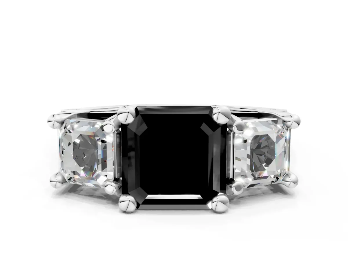 Fancy Black Asscher Cut Diamond Three-Stone Ring with Channel Set Band and Four-Prong Setting Platinum