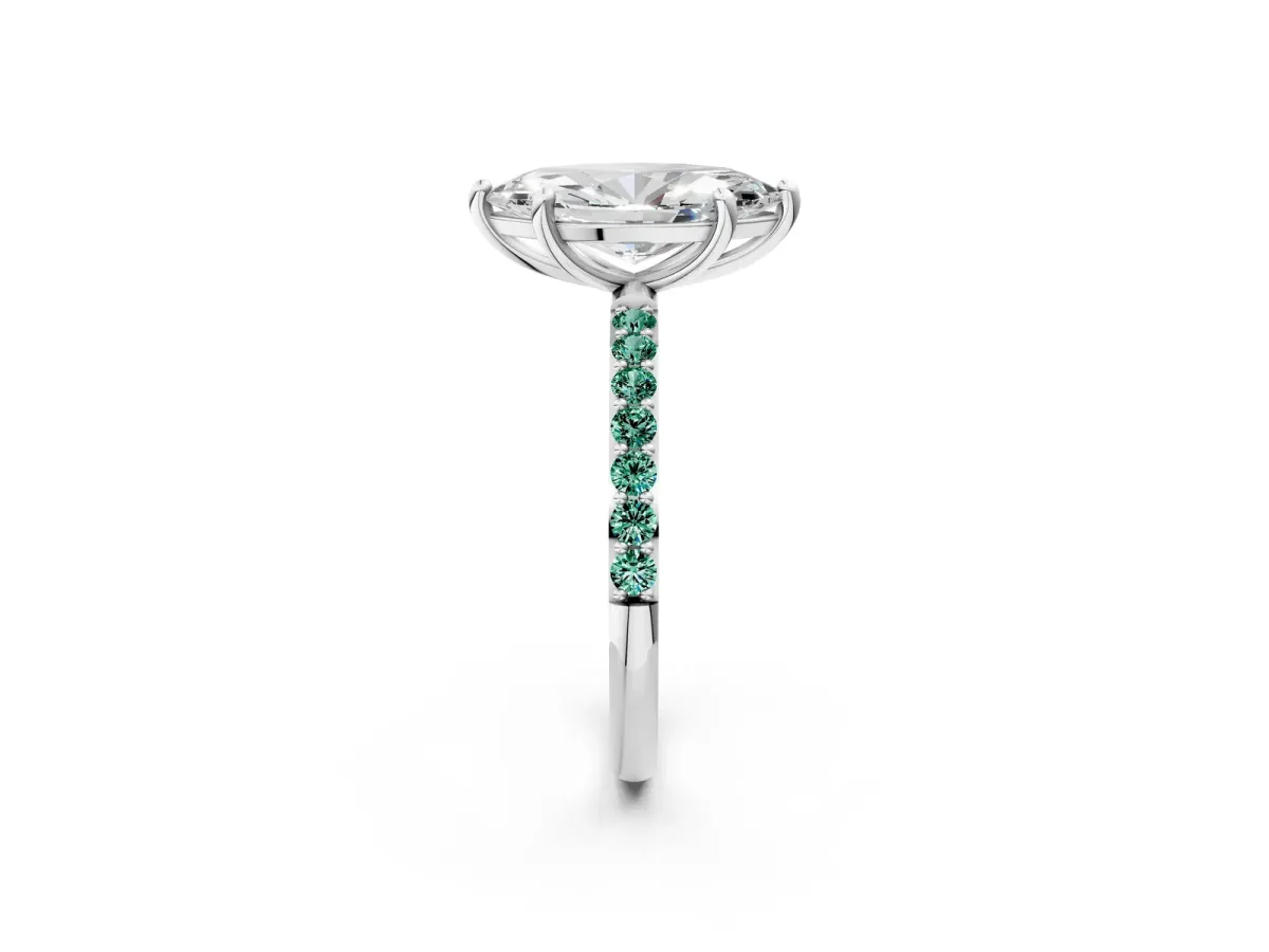 Marquise Cut Diamond Solitaire Ring with Round Green Sapphire Pavé Band and Prong Setting White gold