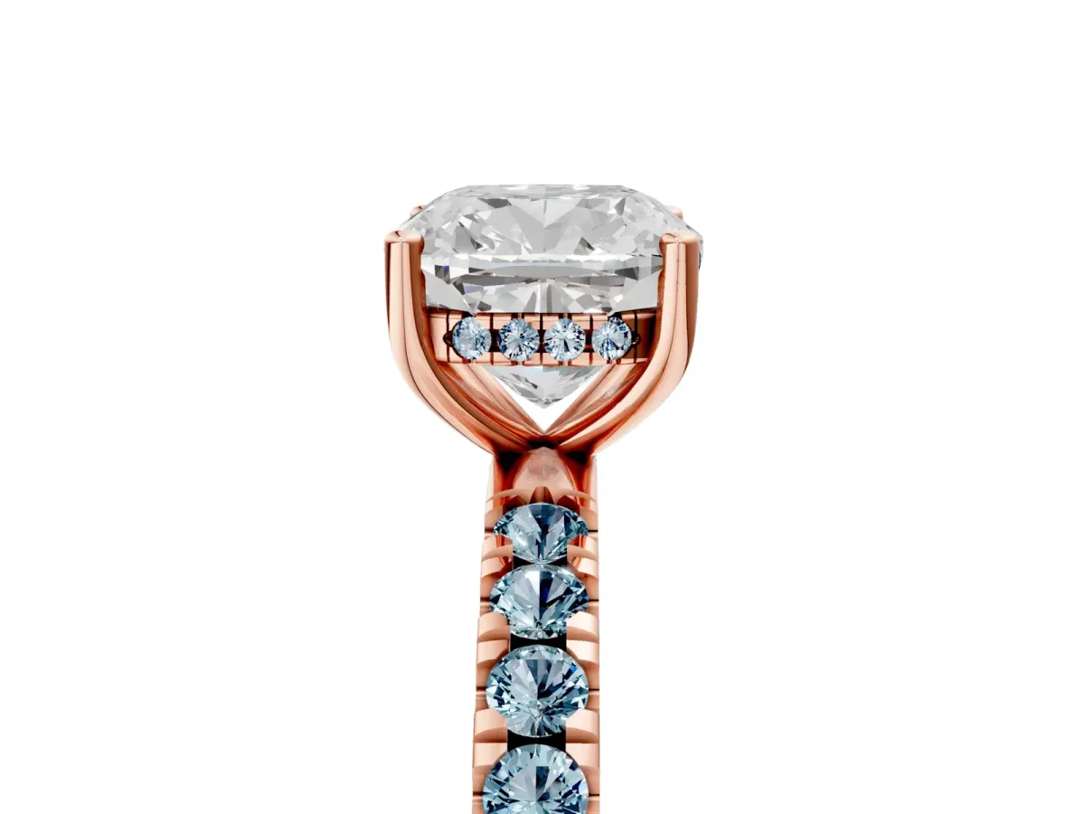 Cushion Cut Diamond Pave Band Solitaire Ring with Round Aquamarine and Prong Setting Rose gold