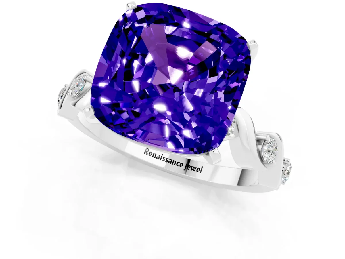 Cushion Cut Tanzanite Solitaire Twisted Band with Round Accents and Prong Setting White gold