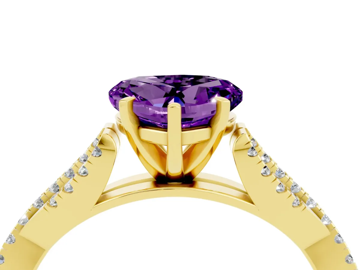 Heart Cut Amethyst Solitaire Engagement Ring with Twisted Pavé Band and Four-Prong Setting Yellow gold