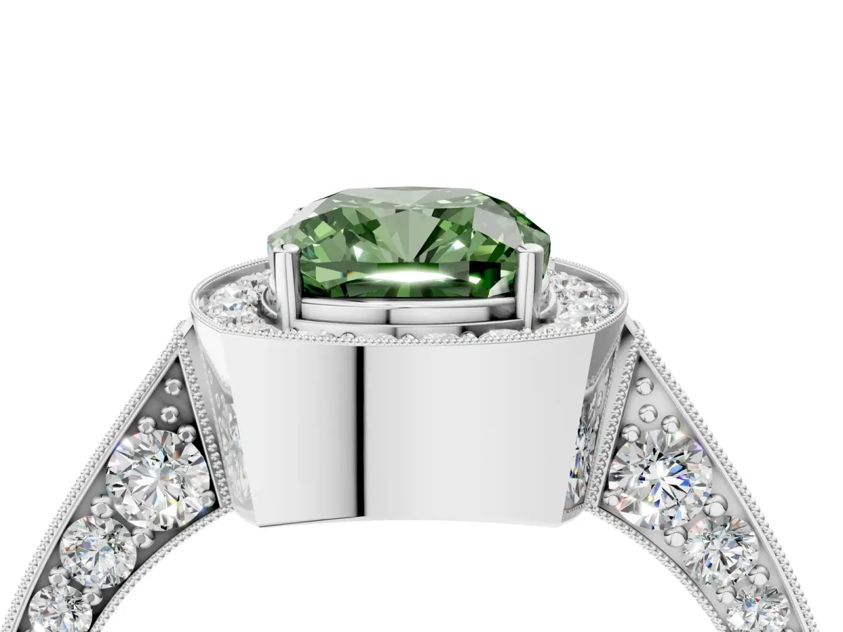 Fancy Green Cushion Cut Halo Diamond Engagement Ring with Split Shank Band and Four-Prong Setting White gold