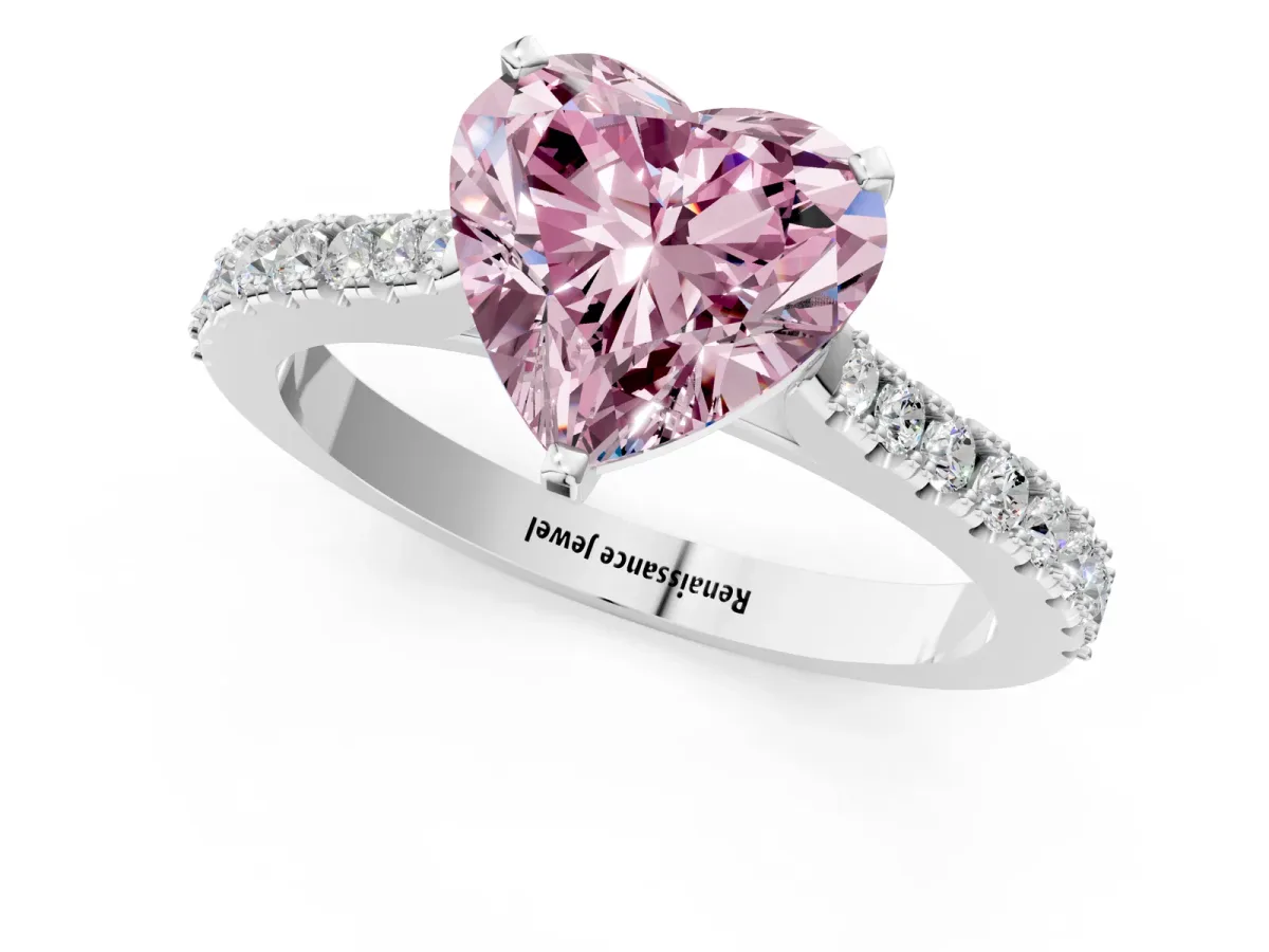 Fancy Pink Heart Cut Cut Solitaire Diamond Engagement Ring with Pave Band and Four-Prong Setting White gold