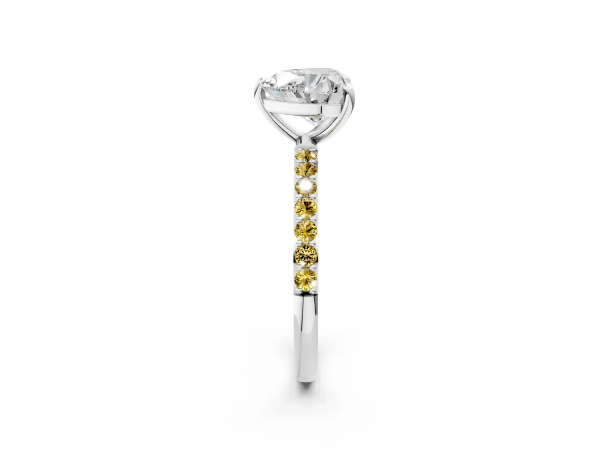Heart Cut Diamond Solitaire Ring with Round Yellow Sapphire Pavé Band and Prong Setting White gold