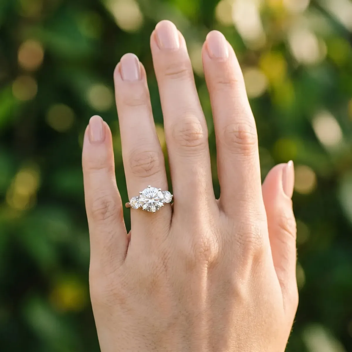 Three-Stone Round Cut Cut Solitaire Diamond Ring with Prong Setting Platinum