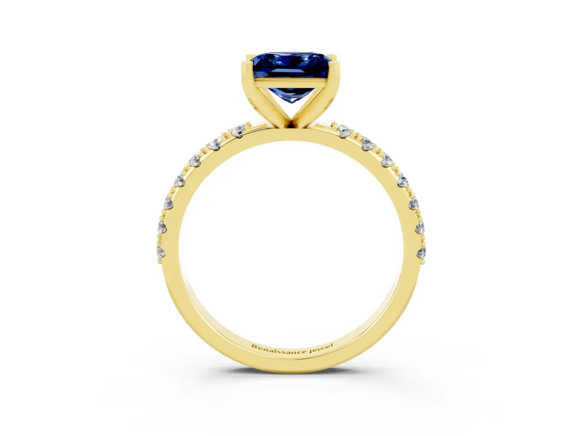 Princess Cut Blue Sapphire Solitaire Pavé Band with Four-Prong Setting Yellow gold