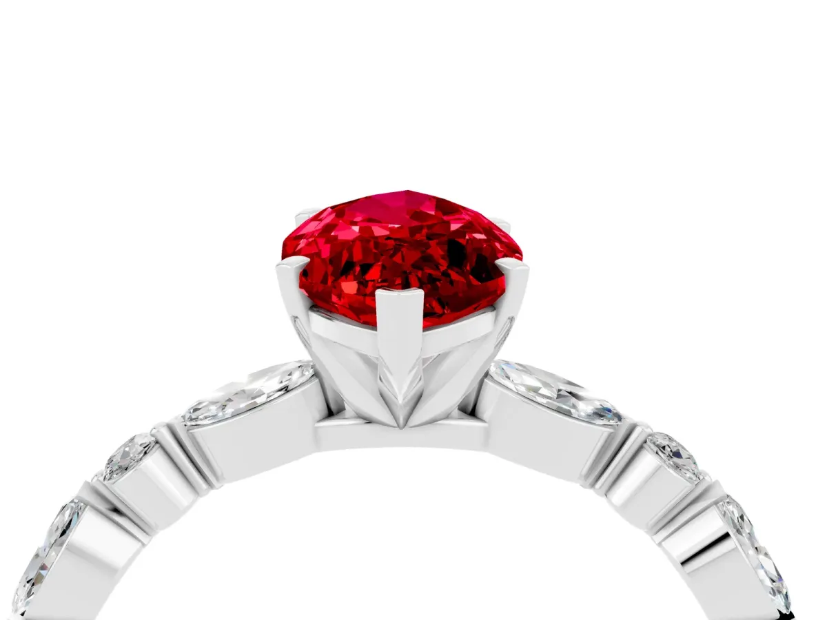 Marquise Cut Ruby Ring with Marquise and Round Side Stones and Four-Prong Setting White gold