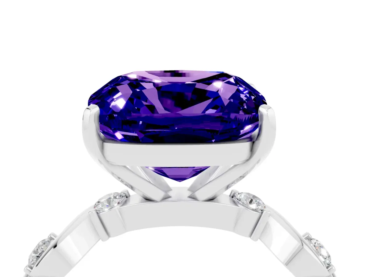 Cushion Cut Tanzanite Solitaire Twisted Band with Round Accents and Prong Setting White gold