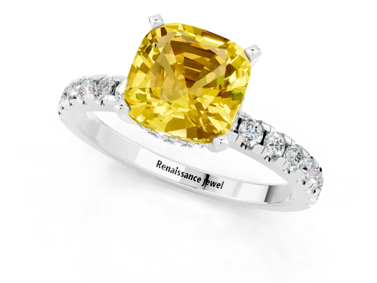 Cushion Cut Yellow Sapphire Solitaire Ring with Round Pavé Band and Four-Prong Setting White gold