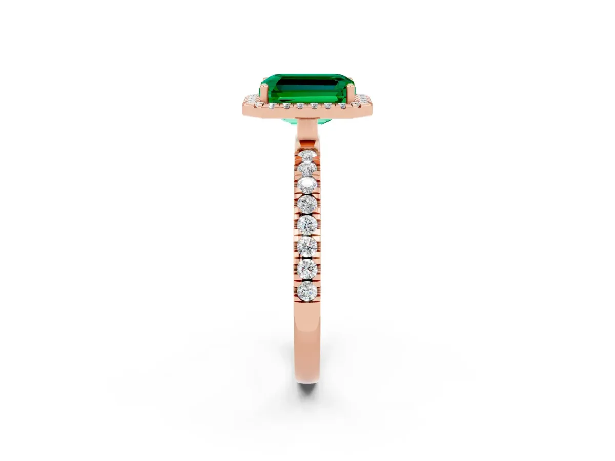 Emerald Cut Emerald Classic Halo Engagement Ring with Round Pavé Band and Prong Setting Rose gold