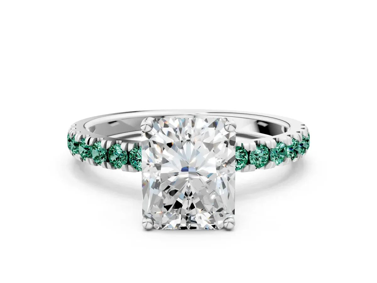 Radiant Cut Diamond Pave Band Solitaire Ring with Round Green Sapphire and Prong Setting White gold