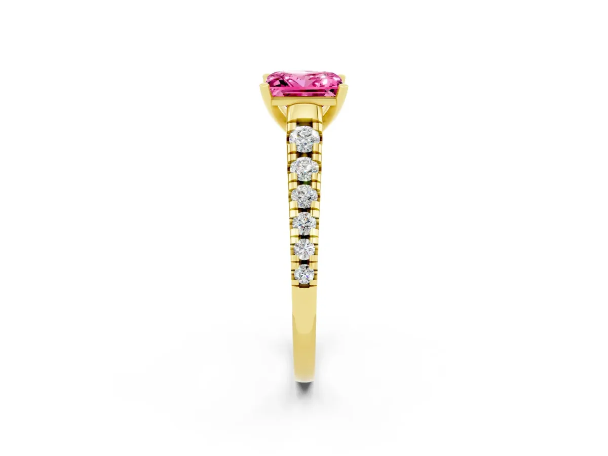Princess Cut Pink Sapphire Cathedral Solitaire Ring with Round Pavé Band Yellow gold