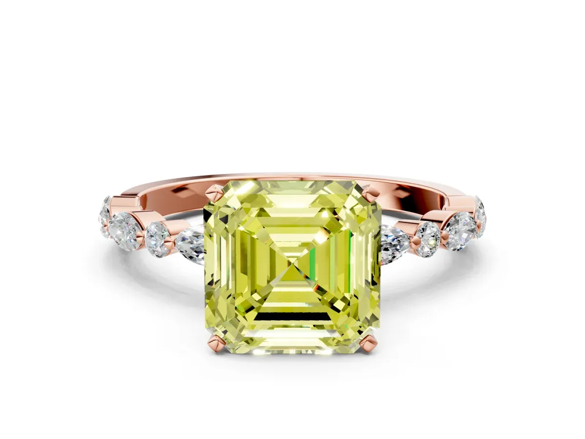 Fancy Yellow Asscher Cut Diamond Ring with Marquise and Round Side Stones and Four-Prong Setting Rose gold