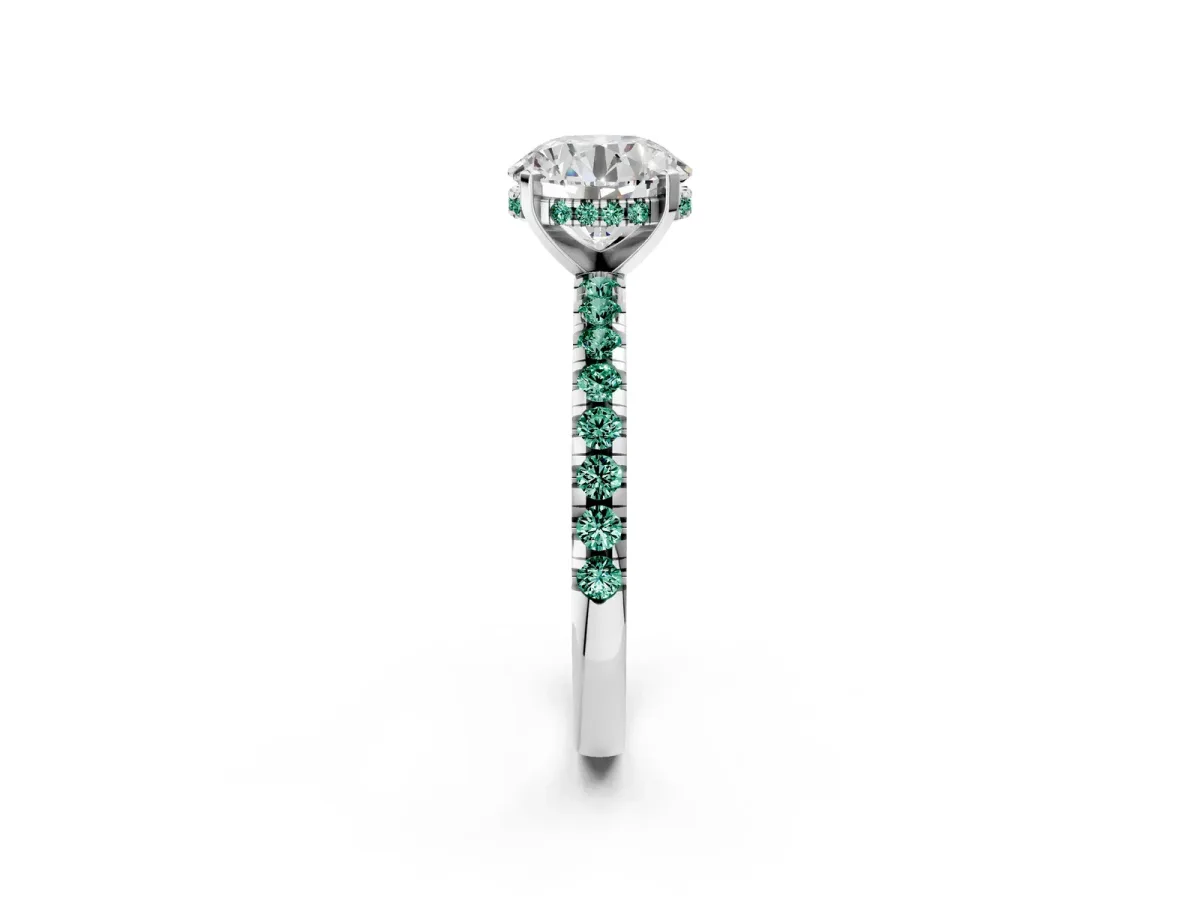 Round Cut Diamond Solitaire Ring with Round Green Sapphire Pavé Band and Four-Prong Setting White gold