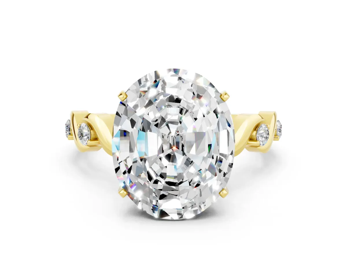 Oval Cut Moissanite Solitaire Twisted Band with Round Accents and Prong Setting Yellow gold