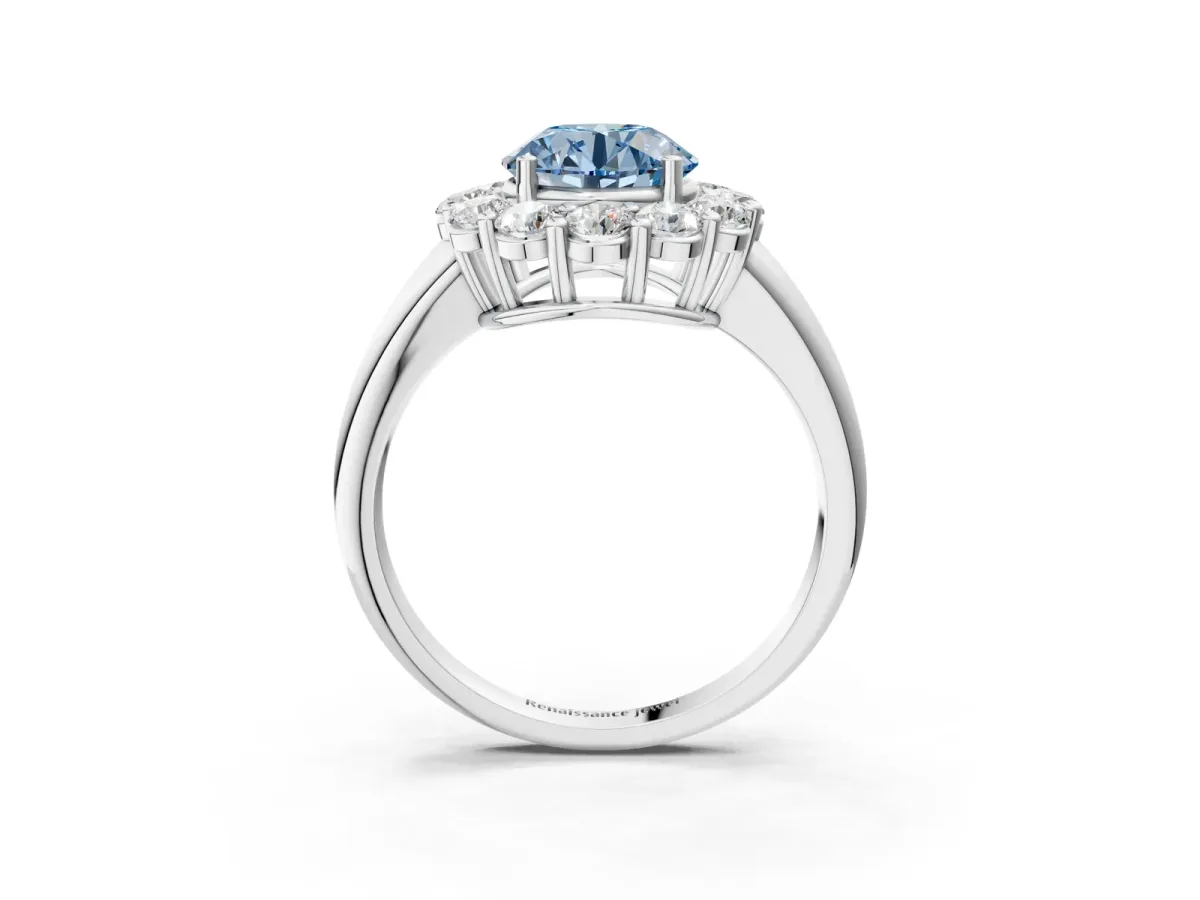 Fancy Blue Round Cut Halo Cluster Diamond Engagement Ring with Prong Setting and Polished Band White gold