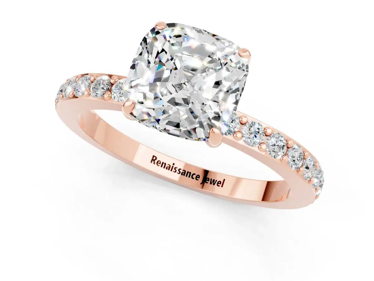 Cushion Cut Moissanite Solitaire Engagement Ring with Pavé Band and Four-Prong Setting Rose gold