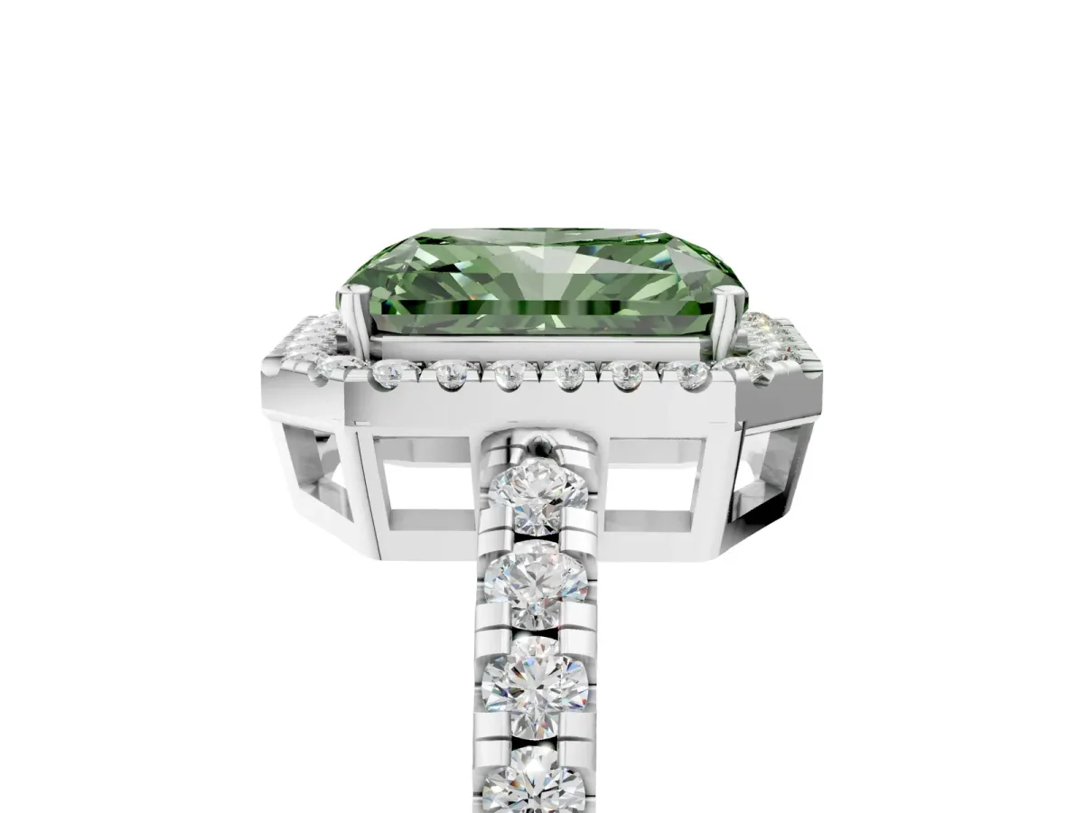 Fancy Green Radiant Cut Diamond Halo Ring with Pavé Band and Four-Prong Setting Platinum
