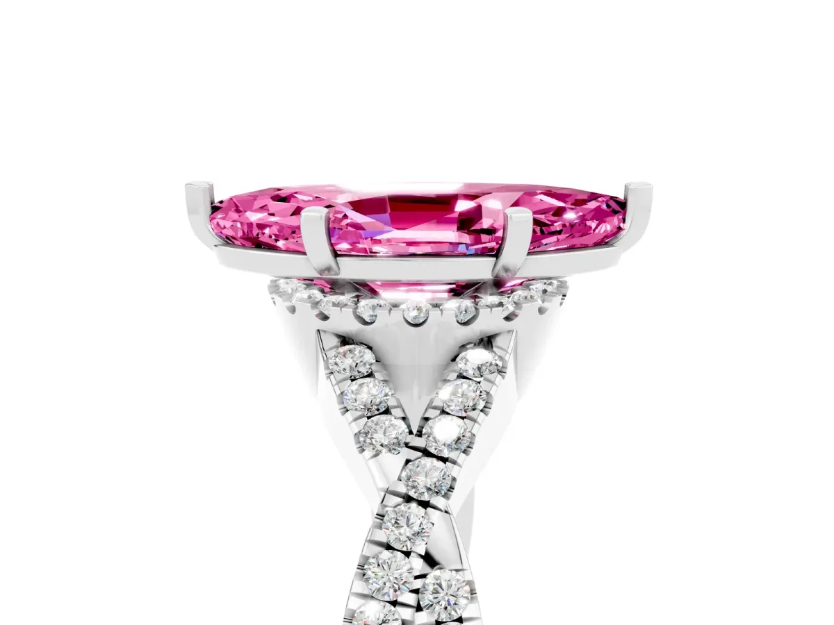 Marquise Cut Pink Sapphire Halo Twist Band Solitaire Prong Setting Ring White gold