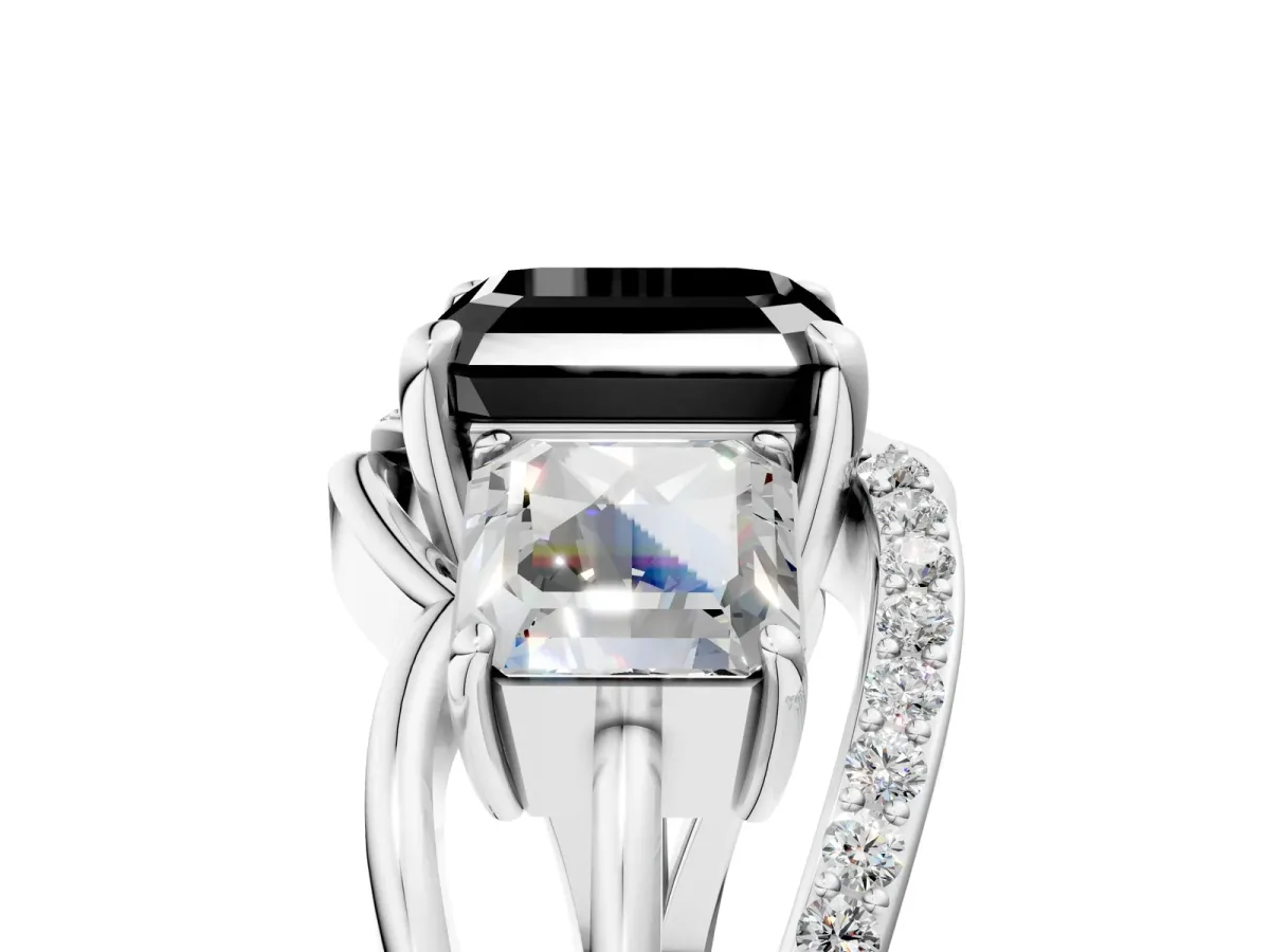 Fancy Black Three-Stone Asscher Cut Cut Diamond Split Shank Prong Set Ring Platinum