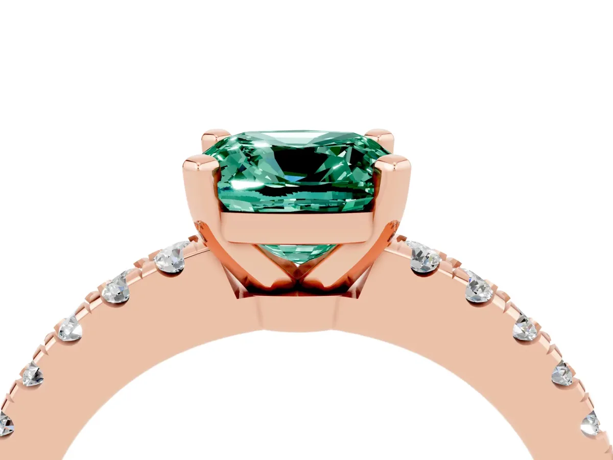 Cushion Cut Solitaire Green Sapphire with Pavé Band and Four-Prong Setting Rose gold