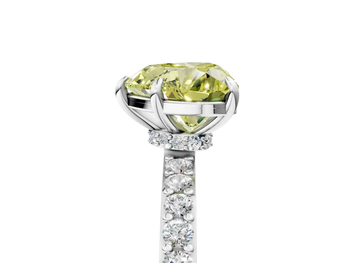 Fancy Yellow Heart Cut Diamond Solitaire Engagement Ring with Pavé Band and Four-Prong Setting White gold
