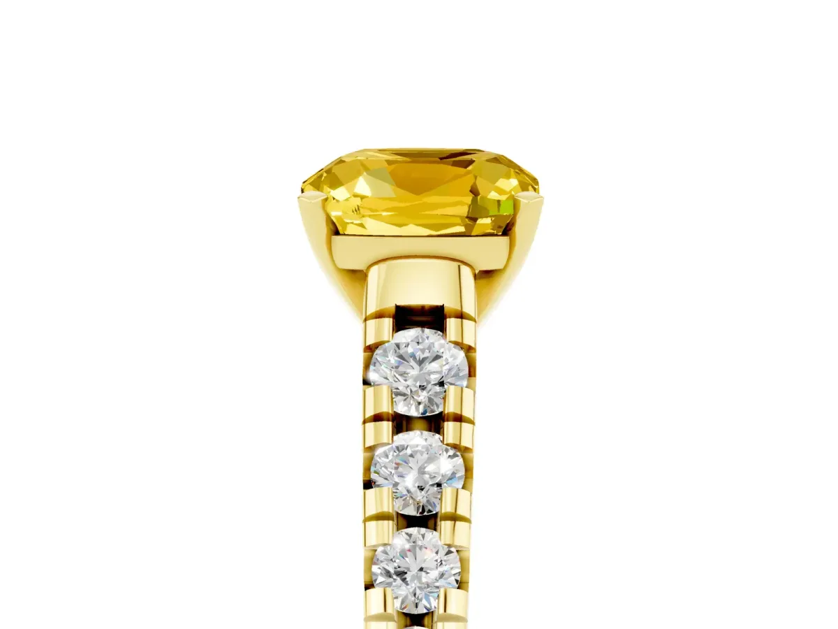 Cushion Cut Yellow Sapphire Cathedral Solitaire Ring with Round Pavé Band Yellow gold