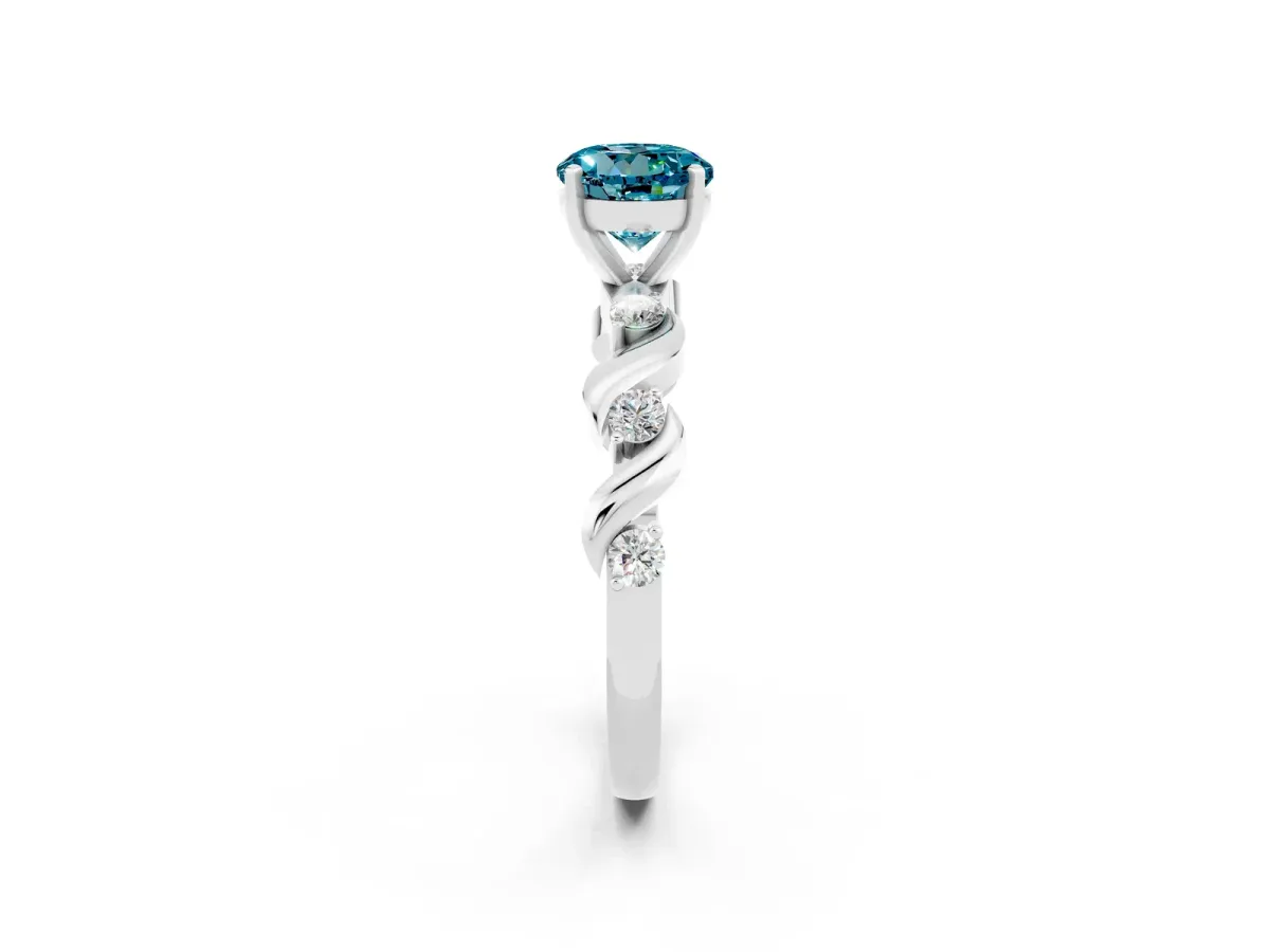 Round Cut Blue Topaz Solitaire Twisted Band with Round Accents and Prong Setting White gold