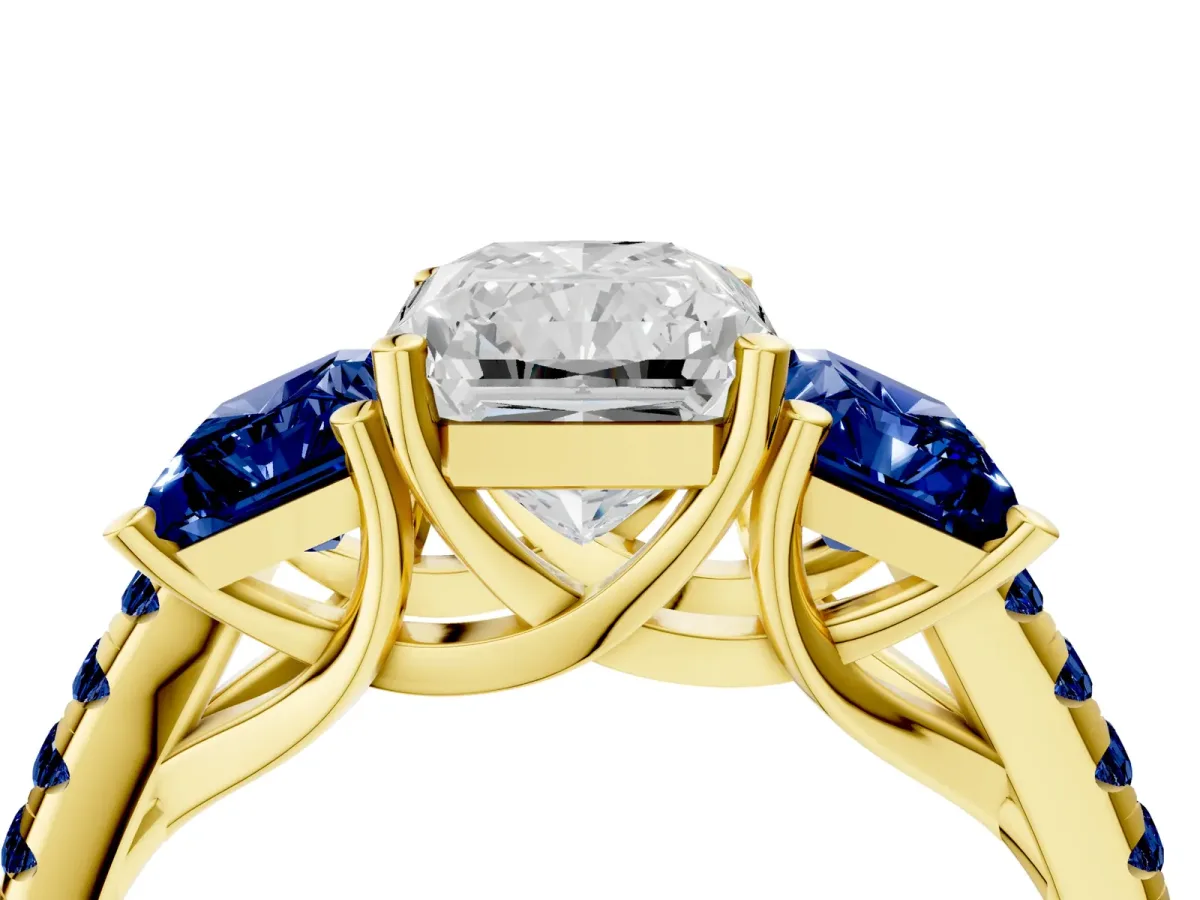 Three-Stone Radiant Cut Diamond Ring with Round Blue Sapphire Pavé Band and Prong Setting Yellow gold