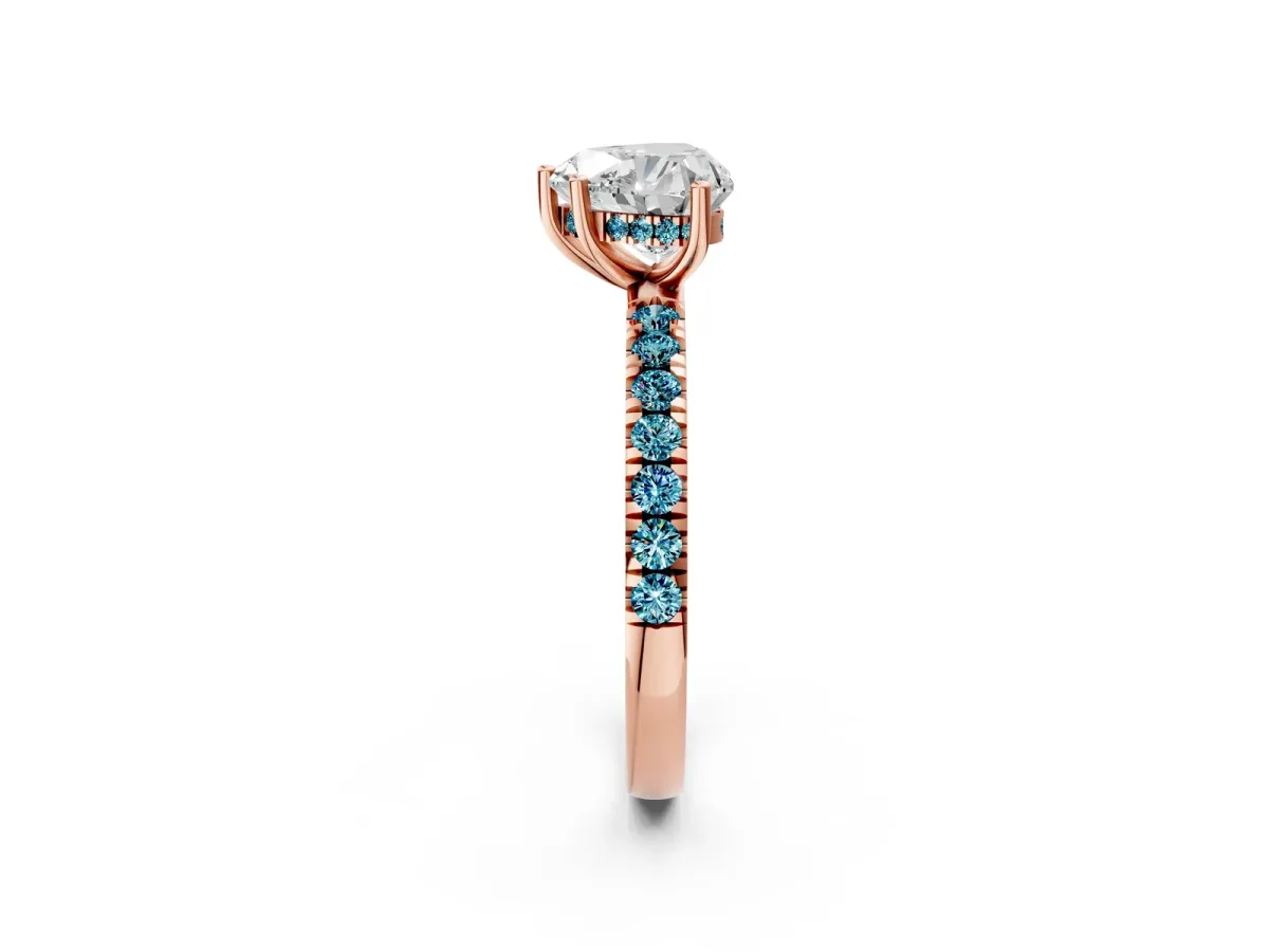 Heart Cut Diamond Pave Band Solitaire Ring with Round Blue Topaz and Prong Setting Rose gold