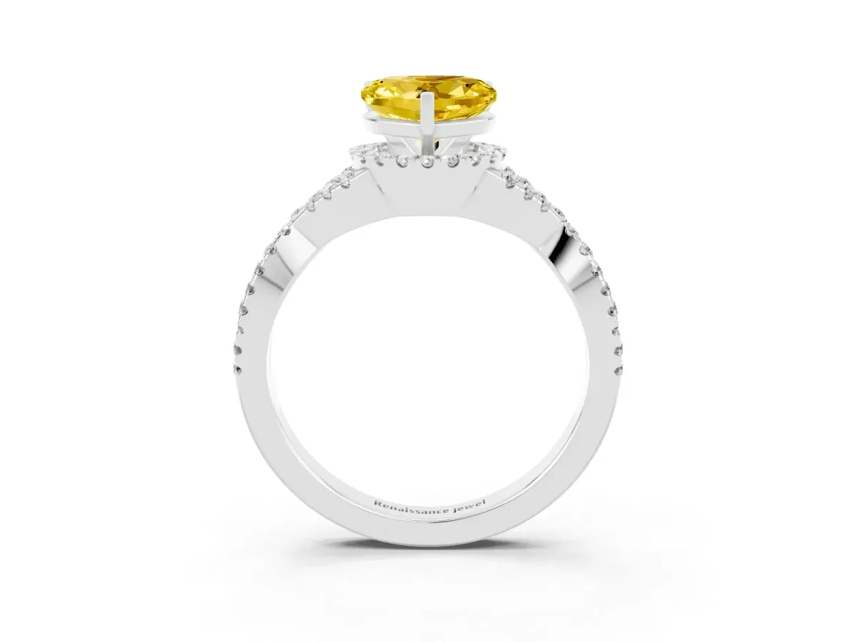 Heart Cut Yellow Sapphire Halo Twist Band Solitaire Prong Setting Ring White gold