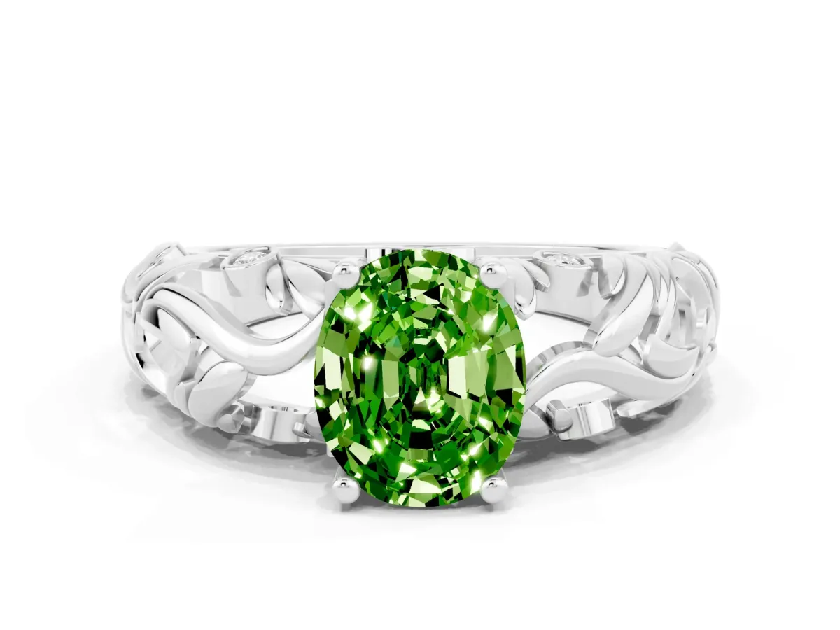 Oval Cut Solitaire Peridot Leaf-Inspired Vine Band Ring with Prong Setting White gold